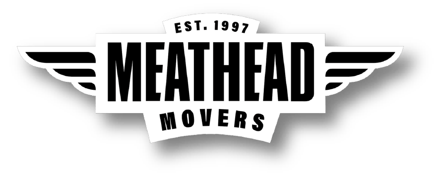 Black text on a white background that says “Meathead Movers” with two wings on either side and the words “Est. 1997” across the top.