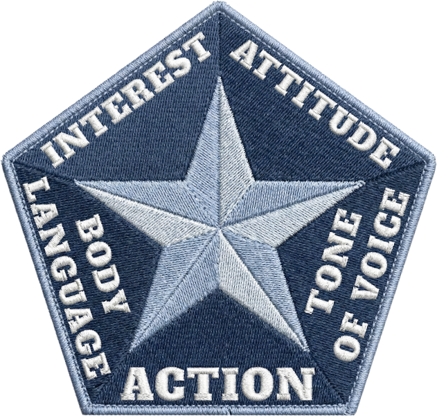 Meathead Movers patch reading Interest, Attitude, Tone of Voice, Body Language, Action